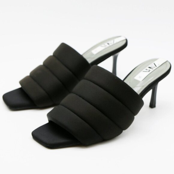Zara Padded Quilted Slip On Slide Heel Mules Sandals 36 Black Square Toe Comfy - Picture 5 of 16